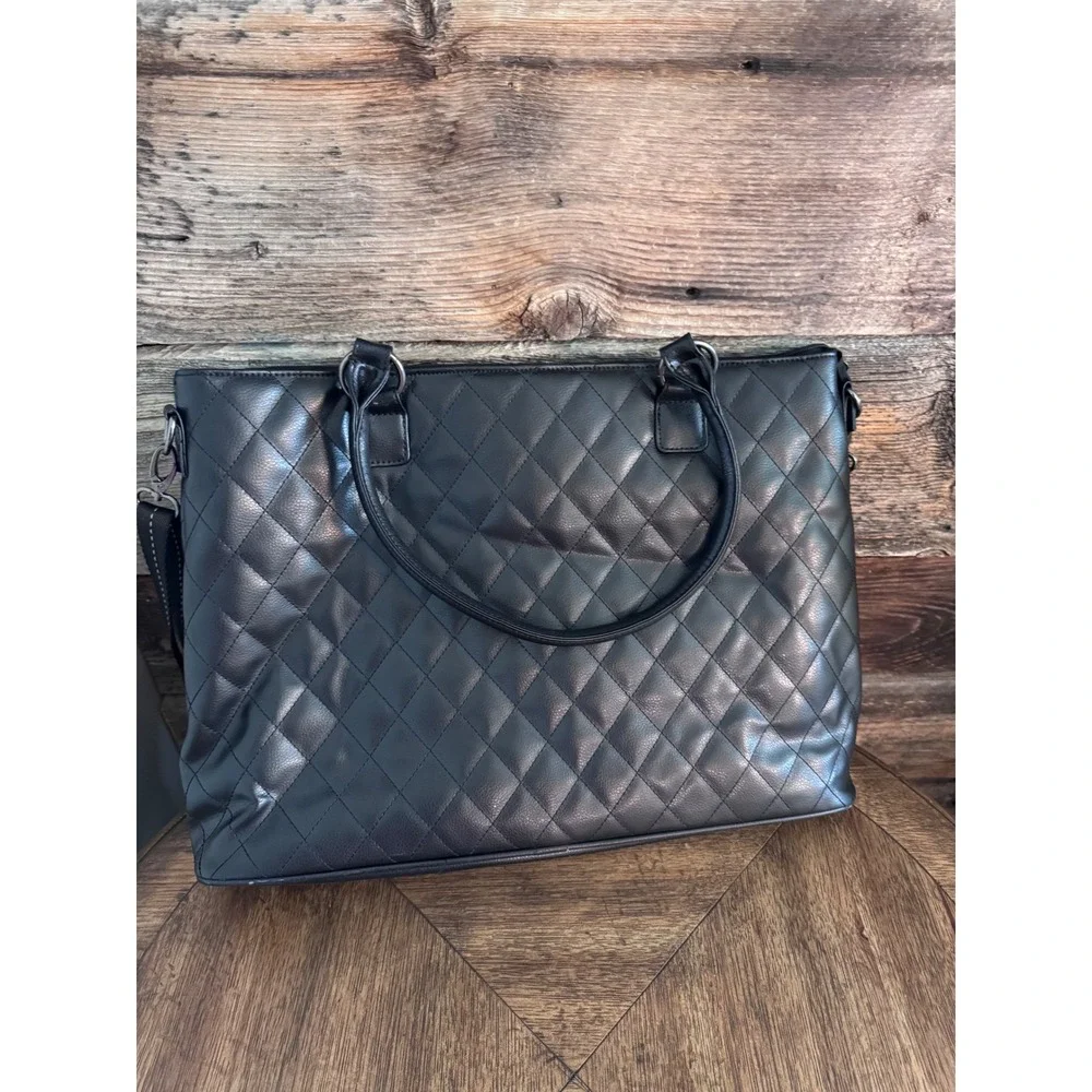 Solo New York Quilted Laptop Tote Bag Black Work Briefcase Crossbody Strap